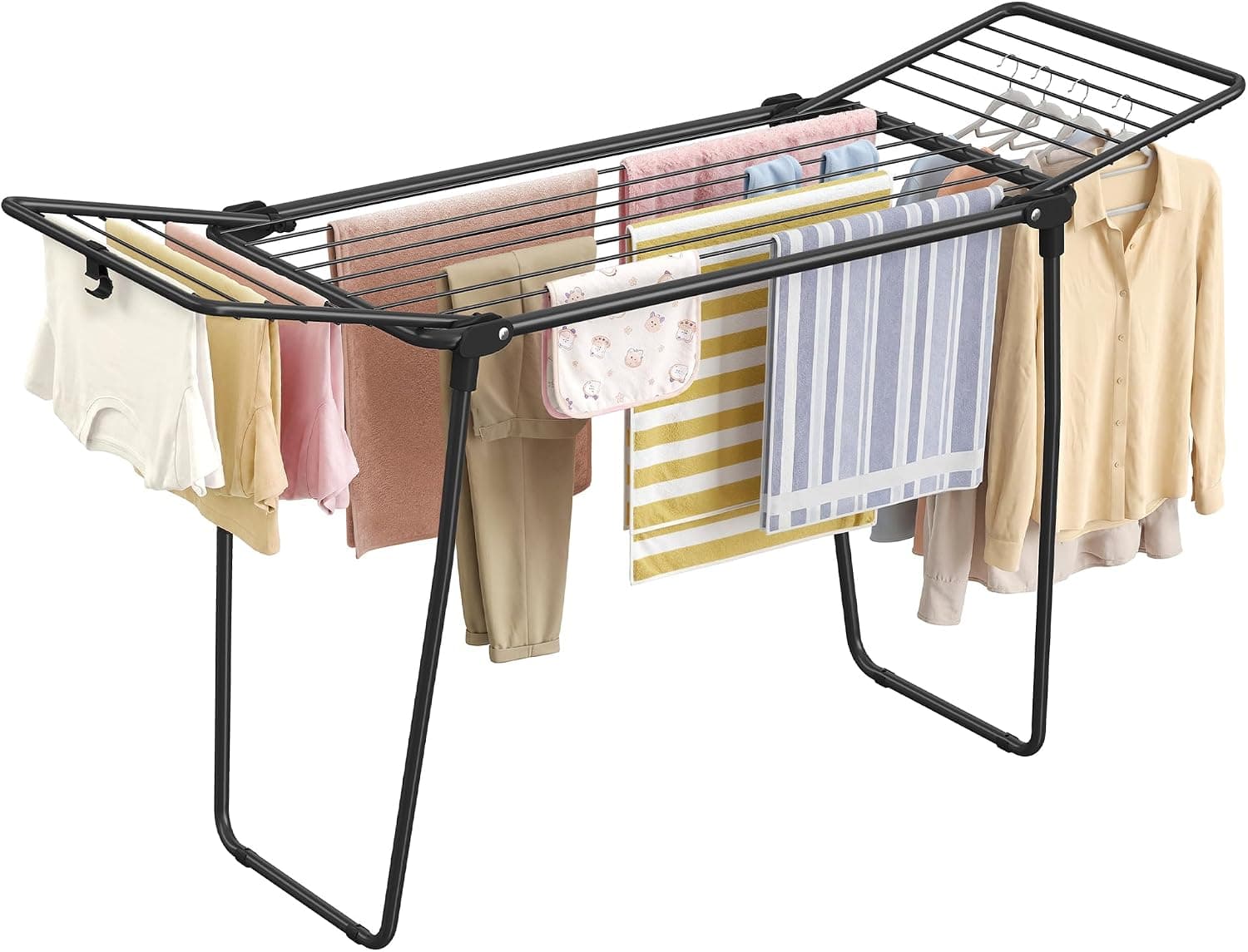 SONGMICS Clothes Airer, Foldable Steel Laundry Rack, 16.6 m Drying Space, 158 x 53 x 93 cm, Black, for Indoor and Outdoor, Bunji Collection