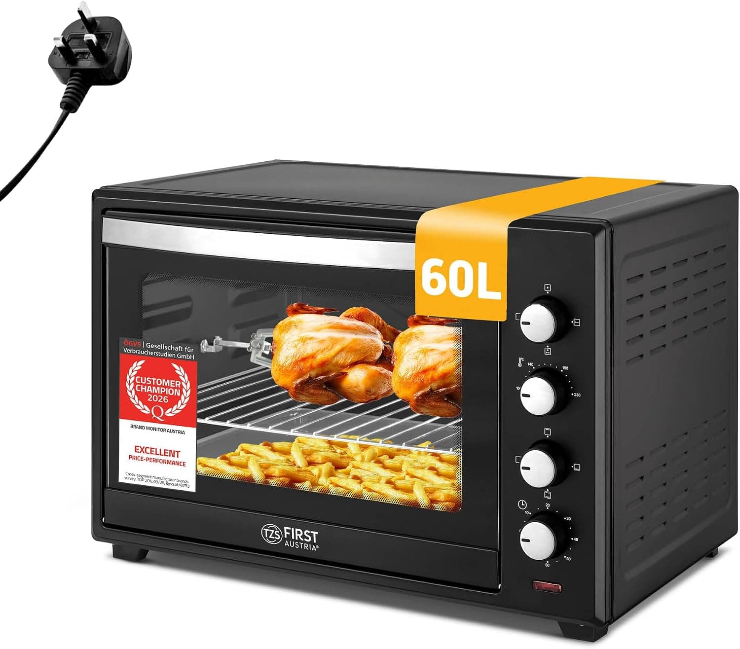 TZS First Austria - Mini Oven 60L 2000W - Small Pizza-Oven temperature control up to 230°C & 6 modes - Baking-Oven with 60 min. timer, 4
