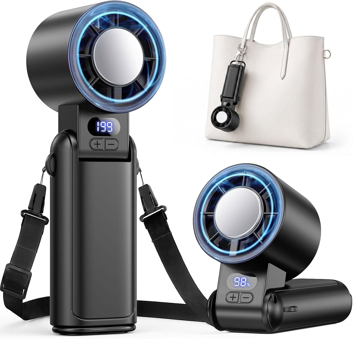Handheld Fan Rechargeable with LED Display & Clip, 1-199 Speed | 3-in-1 Hand/Neck/Desk Fan, 24ft/s Powerful Airflow, 3600mAh Battery Up to