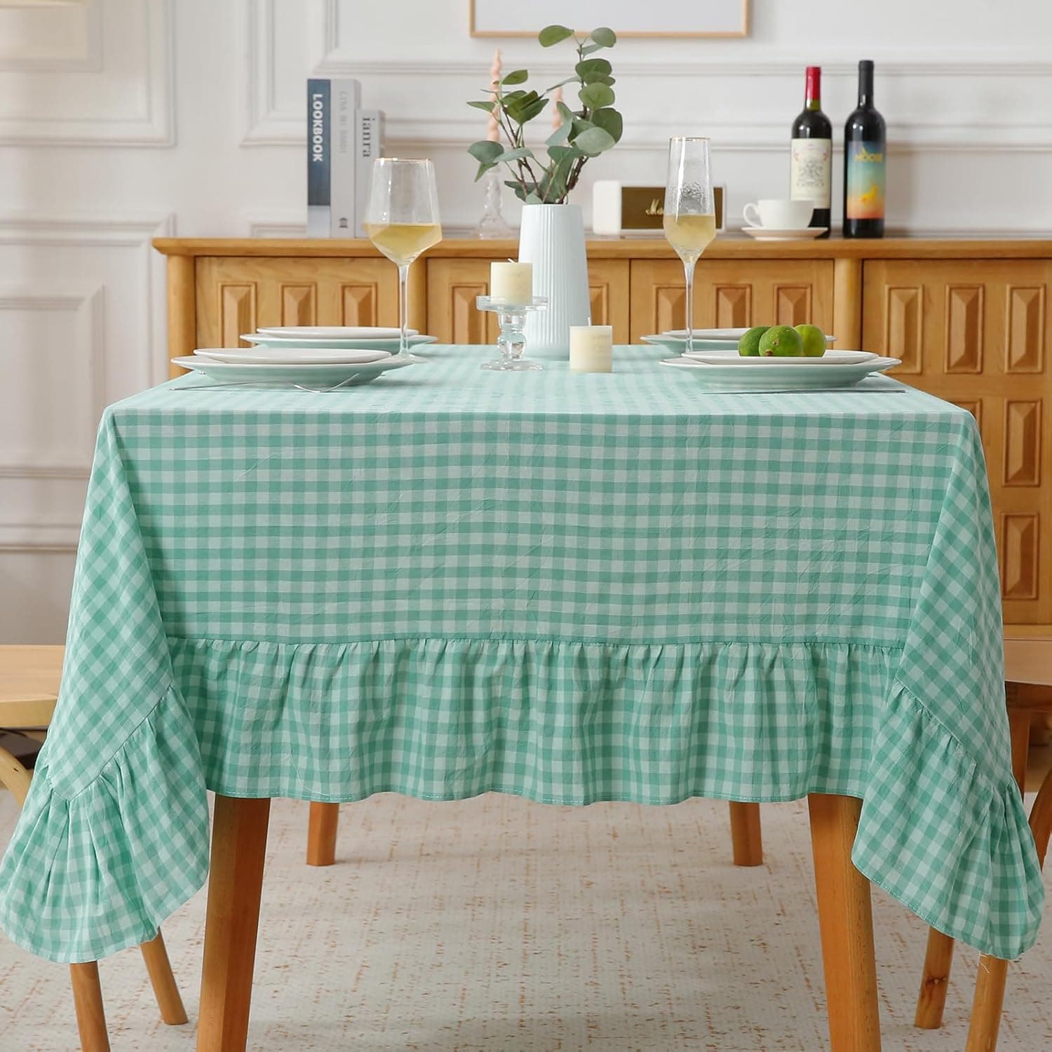 Spa Blue White Plaid Gingham Ruffled Table Cloth for Rectangle Table 6-8 Seats, 100% Washed Cotton Classic Farmhouse Checker Vintage Decorative Tablecloth - 102"x60"