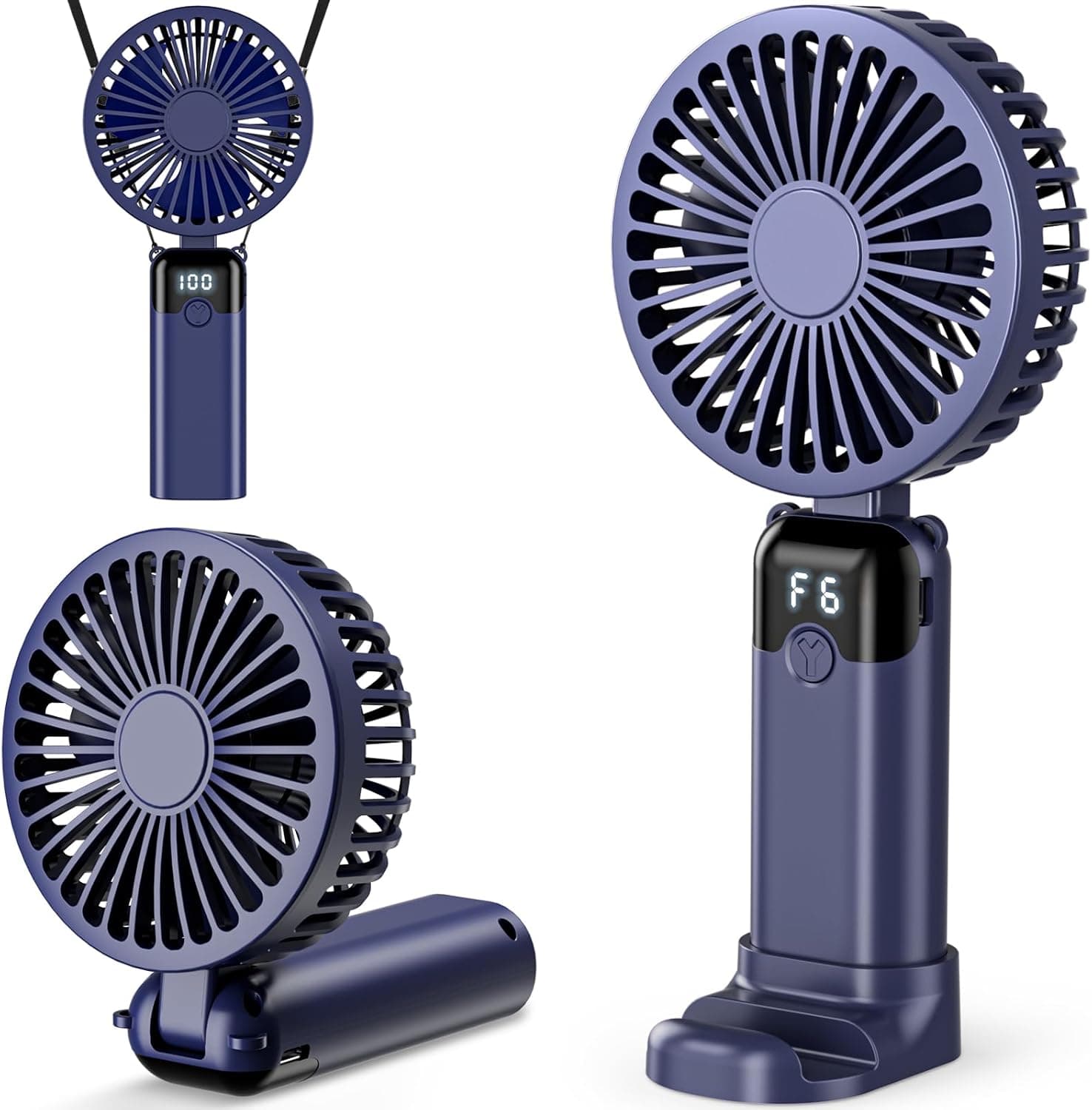 Handheld Fan, USB Rechargeable Portable Mini Hand Held Fan with 6 Speeds 4000mAh Battery Operated, Foldable Desk Small Fans with LED