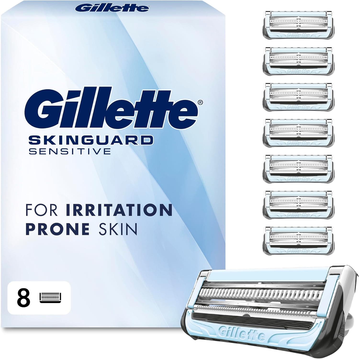 Gillette SkinGuard Sensitive Razor Blades Men, Pack of 8 - Blade Refills with Precision Trimmer, Fits All Skinguard ProGlide ProShield and