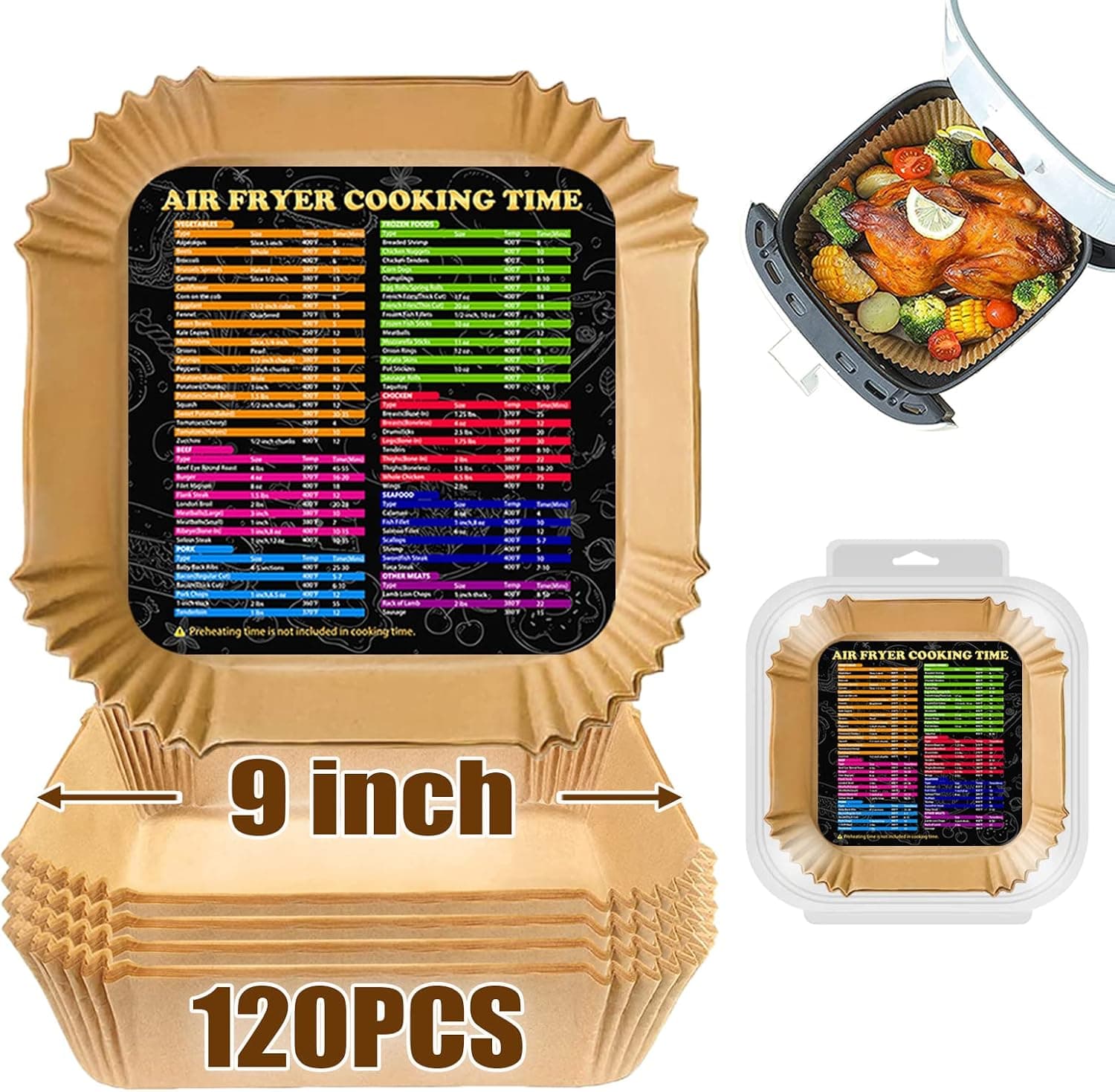 Air Fryer Liners, Square Airfryer Liners 9 Inch Air Fryer Parchment Paper Liners, Air Fryer Disposable Paper Liners Oil-Proof, Food Grade