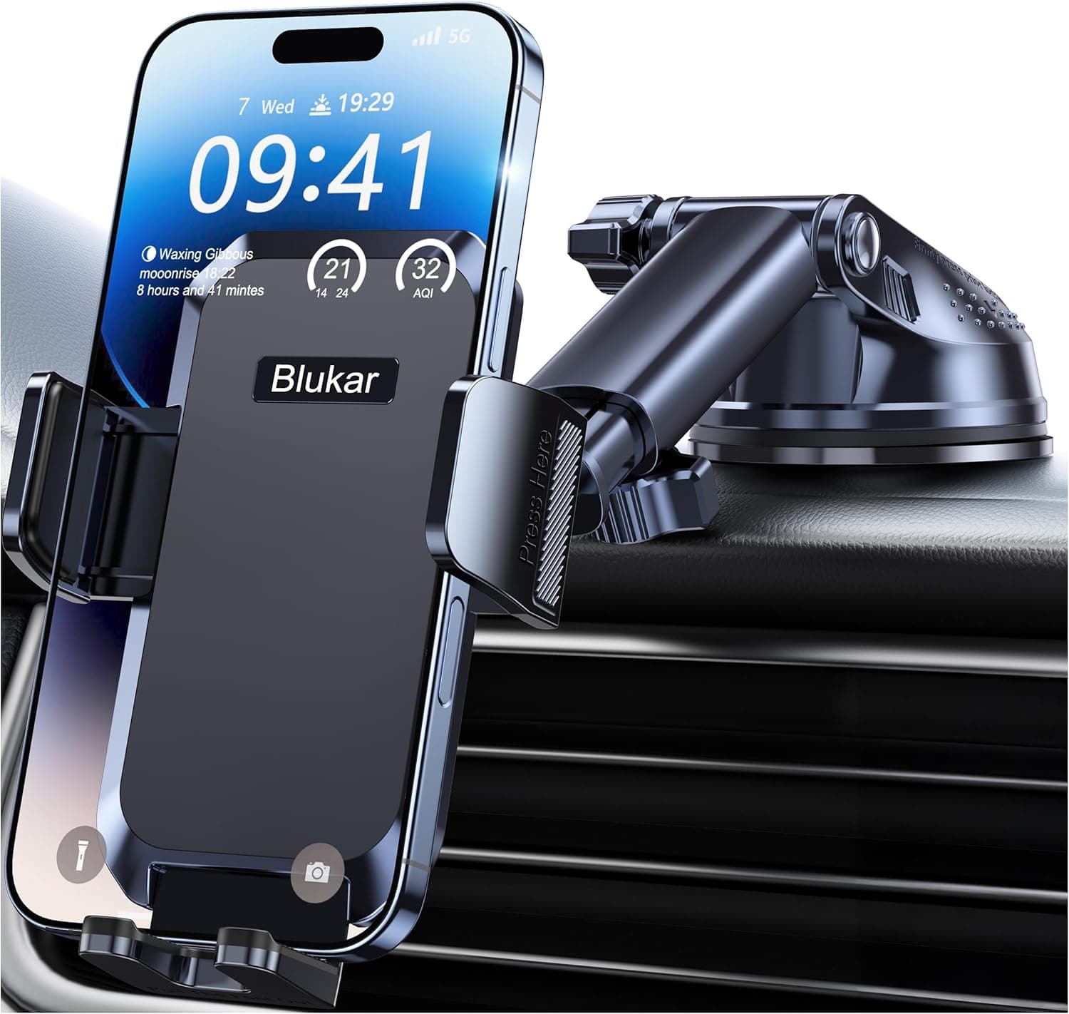 Blukar Car Phone Holder, Adjustable Car Phone Mount 360° Rotation for Dashboard/Windscreen, Upgraded Strong Suction - One Button Release