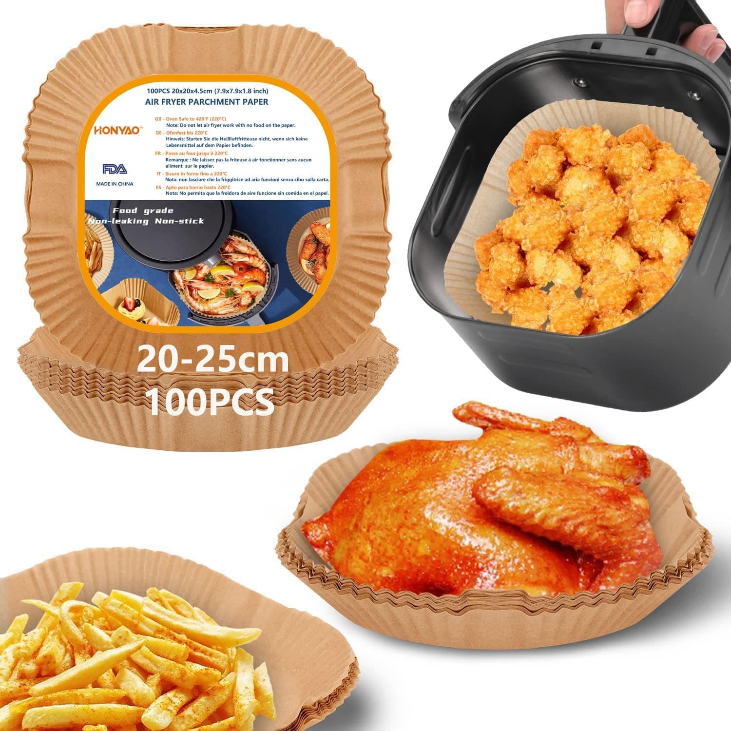 HONYAO Air Fryer Paper Liners, 20x20 cm Disposable Parchment Liners for 5-7.5 L Airfryers, 100 Pcs Square Baking Accessories Compatible