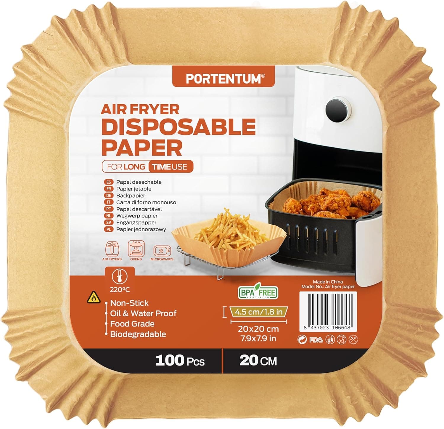 PORTENTUM Air Fryer Liners 100PCS Disposable, Unbleached and Greaseproof. Suitable from 5 to 8 liters. Food-Grade use Baking Paper BPA