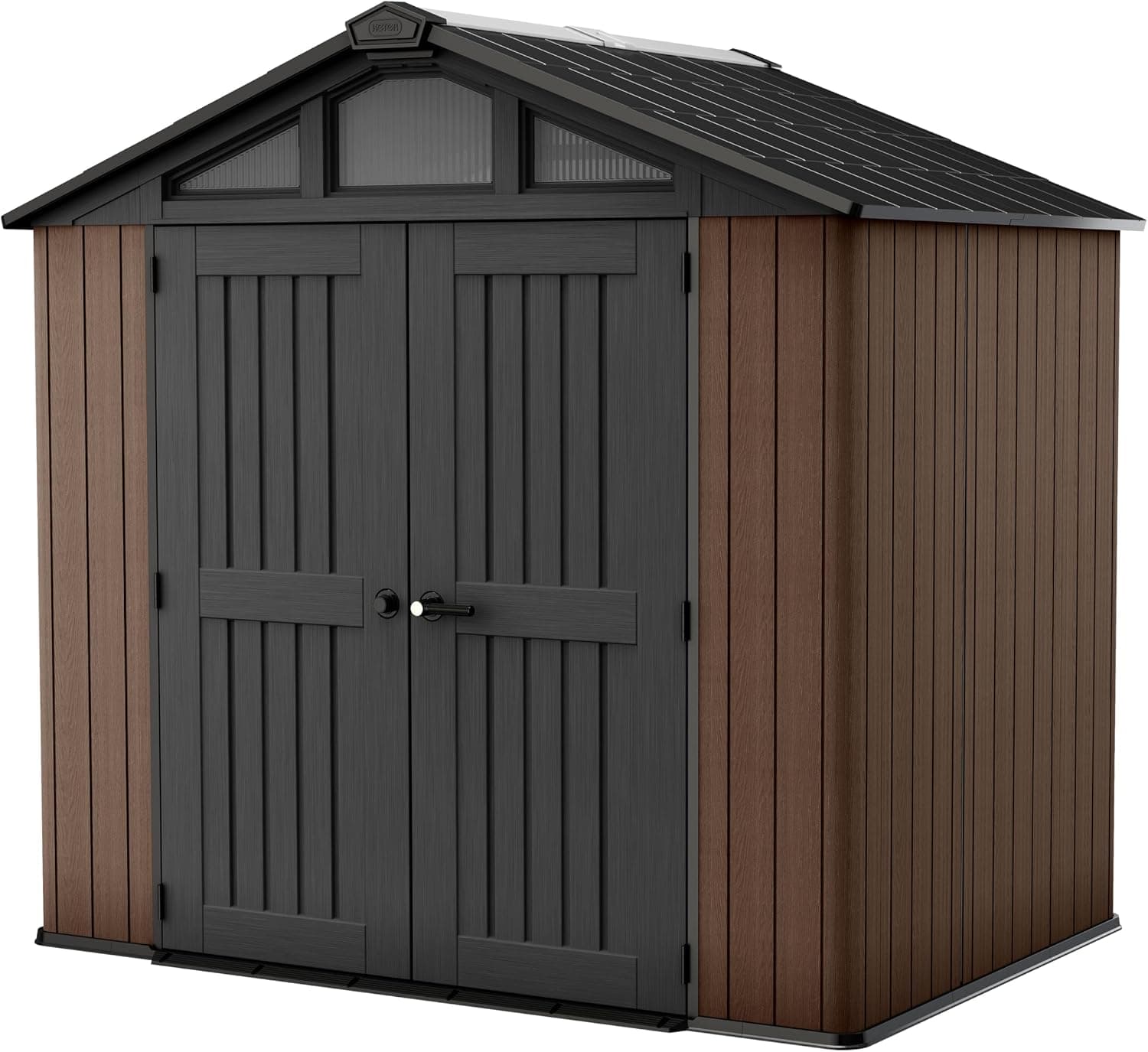 Keter Stronghold 8x6ft Garden Shed – Brown | Double‑Wall Construction | Steel‑Reinforced Roof | Skylight & XL Windows | Heavy‑Duty Floor