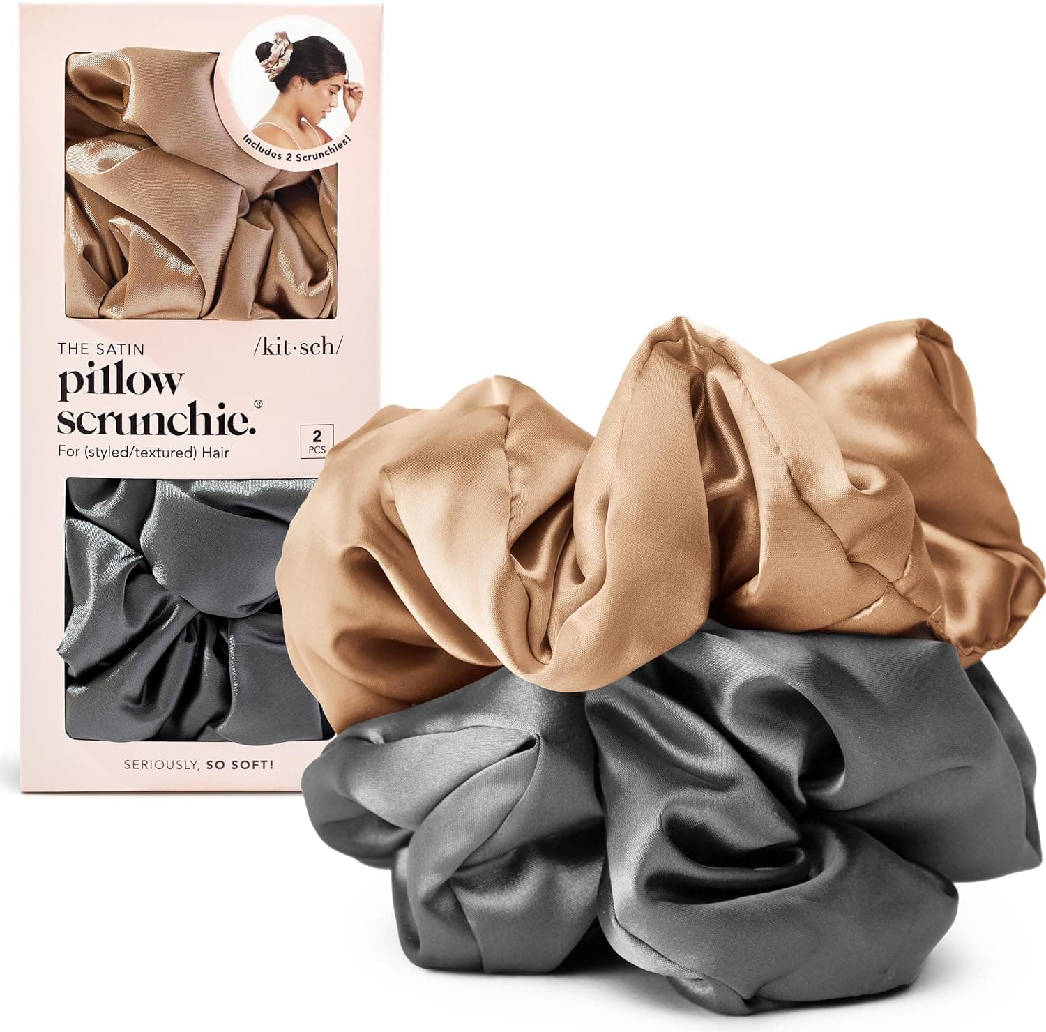 Kitsch Satin Hair Scrunchies for Women 2pcs - Charcoal & Gold | No Crease Hair Ties, Big Scrunchies for All Hair Types & Textures, Perfect